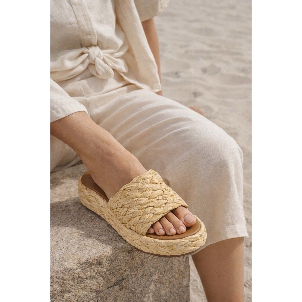 Women Raffia Platform Slide Sandals Woven Straw Natural Summer Size 6 - Picture 3 of 10